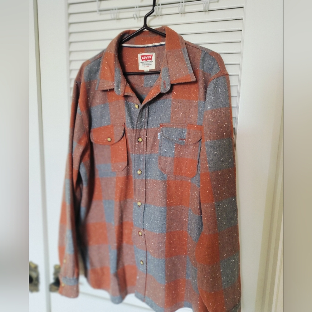 Levi's Men's XL Long Sleeve Shacket Wool Poly Blend Plaid Burnt Orange Gray
